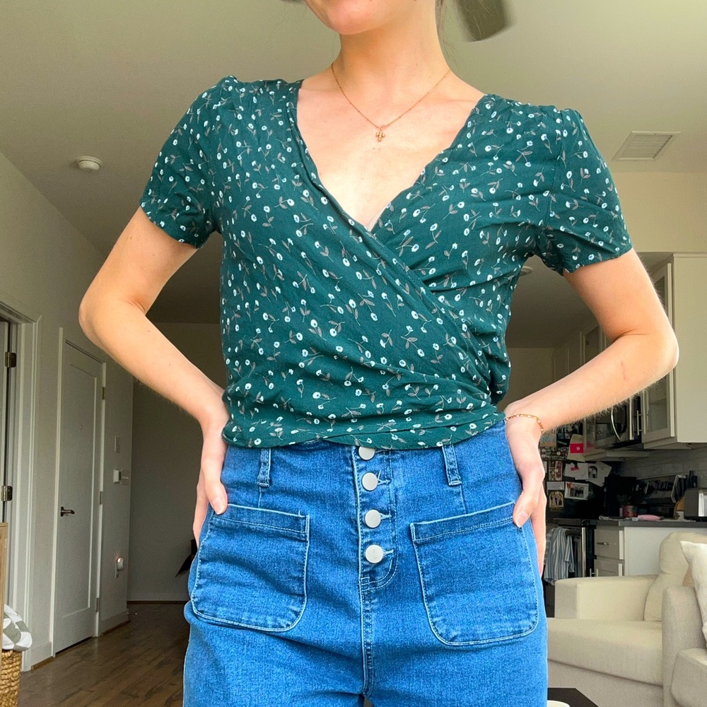 Green Floral Wrap Top